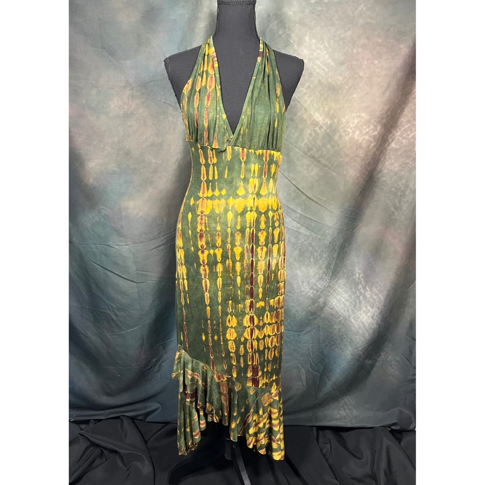 Aamilife Green Yellow Tie Dye Halter Maxi Dress Asymmetrical Ruffle XL NEW